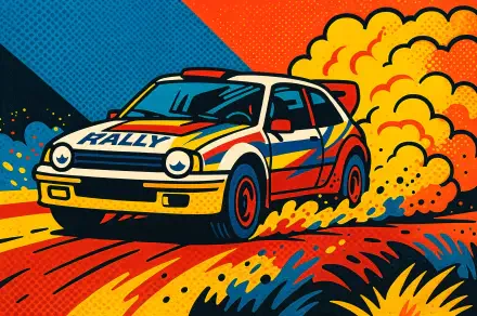 Pop-art rallying car racing through clouds of dust in bold red, yellow and blue — 4K Ultra HD PC desktop wallpaper and background.