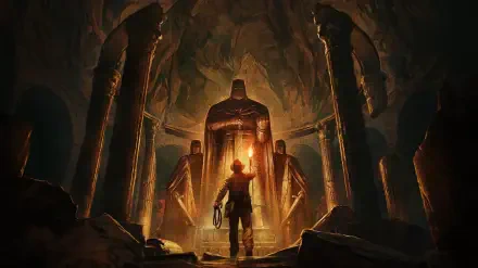 HD PC desktop wallpaper: scene from the video game Indiana Jones and the Great Circle — an explorer with a torch faces towering ancient statues in a glowing cavern.