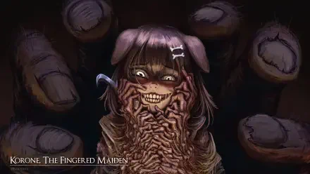 Horror-style Inugami Korone (hololive alternative) portrait: canine-eared VTuber with grotesque fingered maw and looming dark hands, 4K Ultra HD PC desktop wallpaper.