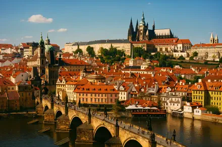Prague skyline with Charles Bridge, red‑roofed Old Town and Prague Castle in the Czech Republic — 4K Ultra HD PC desktop wallpaper and background.