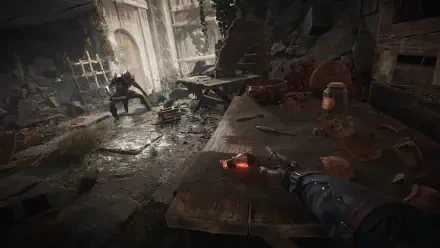 4K Ultra HD PC desktop wallpaper/background: Alkahest video game — first-person view of a gauntleted hand clutching a glowing red relic in a rain-slick, ruined medieval hall as an enemy advances.