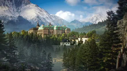 HD PC desktop wallpaper from the video game 007: First Light — a gaming environment depicting a grand mansion nestled in misty forest with snow-capped mountains in the background.
