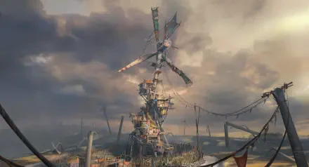 4K Ultra HD PC desktop wallpaper and background from the video game Dying Light: The Beast — a ramshackle windmill fortress rising from marshes beneath brooding, storm-laden skies.