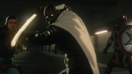 HD PC desktop wallpaper from the Marvel Zombies TV show: a cloaked, sword-wielding figure confronts other zombified heroes in a dim, gritty underground corridor.