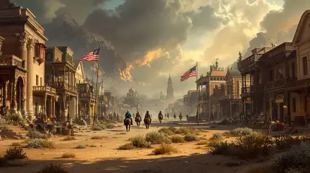 Wild West 4K Ultra HD PC desktop wallpaper and background: dusty frontier town at sunset with mounted riders approaching, American flags flying, dramatic clouds and distant mountains.