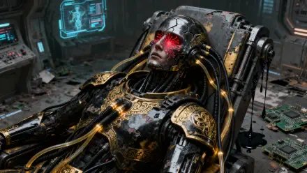 4K Ultra HD sci-fi PC desktop wallpaper: battered gold-armored cyborg with glowing red eyes and exposed cables, restrained on a lab table amid broken consoles and scattered circuitry.