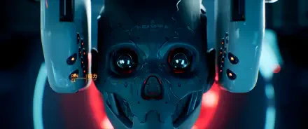 Close-up of a cybernetic skull with glowing red and blue lights from Metal Eden video game — HD PC desktop wallpaper/background.
