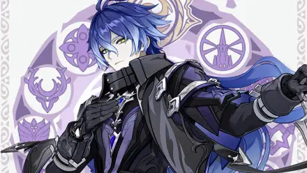 HD PC desktop wallpaper of Flins from the video game Genshin Impact: blue-haired, purple-accented character in a dark ornate coat, hand to chest, posed before a decorative circular sigil.