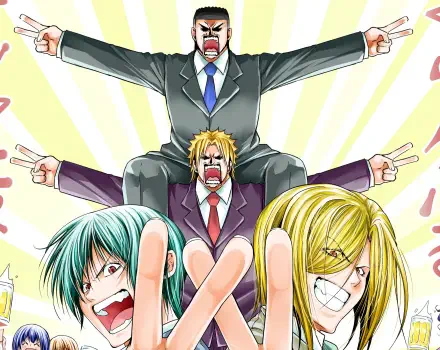 Anime Grand Blue HD PC desktop wallpaper depicting three boisterous characters in suits stacked into a pyramid, flashing peace signs against a bright yellow sunburst background.