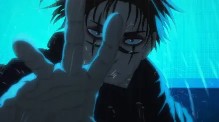 HD PC wallpaper of Choso from Jujutsu Kaisen reaching toward the viewer, intense glare and outstretched hand set against a glowing electric-blue digital backdrop.