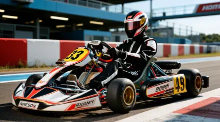 Karting driver in full suit and helmet races a #49 go‑kart on a sunlit track — dynamic 4K Ultra HD PC desktop wallpaper background.