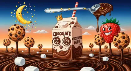 Whimsical 4K Ultra HD PC desktop wallpaper/background: crowned chocolate milk carton with straw among cookie-lollipop trees, marshmallows and a dripping spoon on a swirling chocolate landscape.