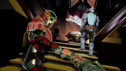 POV HD PC desktop wallpaper of a Void Crew video game scene: a red-armored alien grabs the viewer's arm on a spaceship stairwell as another crewmember walks ahead.