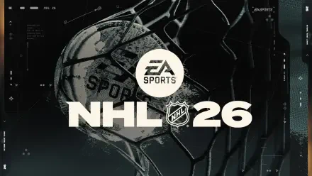 HD PC desktop wallpaper for the video game NHL 26: EA SPORTS emblem over a textured hockey puck caught in netting, bold NHL 26 title.