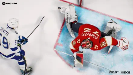 Top-down NHL 26 video game 4K Ultra HD PC desktop wallpaper: red-jersey goalie sprawled in the crease making a save as an opposing skater approaches.