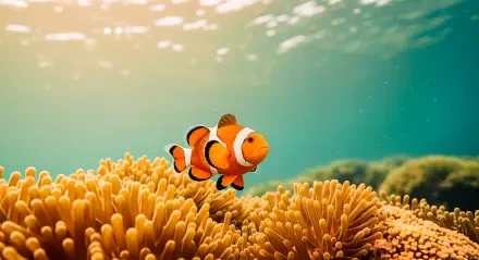 4K Ultra HD PC desktop wallpaper and background: a vibrant clownfish swims above golden sea anemone in turquoise, sunlit water.