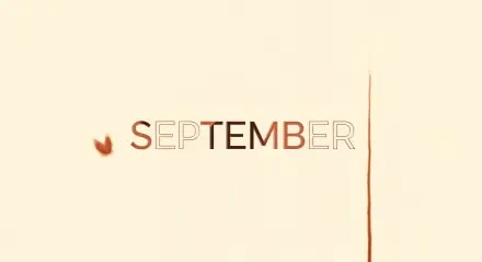 Minimal beige 4K Ultra HD PC desktop wallpaper/background reading SEPTEMBER in warm brown and cream letters, accented by a small falling leaf icon and a thin vertical line.