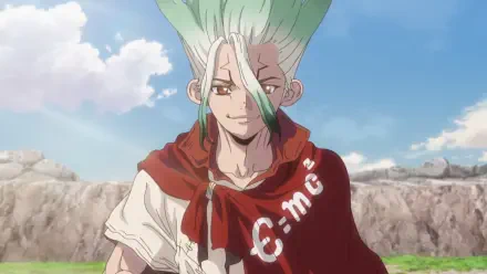 HD PC desktop wallpaper of Senku Ishigami from Dr. Stone — anime portrait with spiky green-white hair, red cloak, rocky landscape under a bright blue sky.