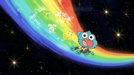 The Wonderfully Weird World of Gumball 4K Ultra HD PC desktop wallpaper: Gumball and friends streak across a rainbow through starry space.