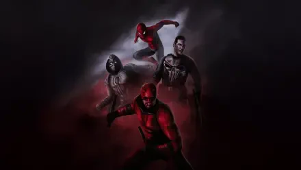 Spider-Man: Brand New Day 4K Ultra HD PC desktop wallpaper showing Spider-Man and three shadowed vigilantes emerging from moody red-black mist.