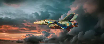 HD PC desktop wallpaper of a Macross/Robotech variable fighter cutting through stormy sunset clouds, with colorful markings and glowing engines.