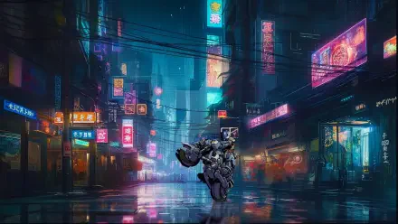 4K Ultra HD PC wallpaper: Robotech/Macross New Generation cyclone mech in a rain‑slick neon city street at night, holographic signs reflected on wet pavement.
