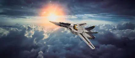 Robotech/Macross fighter jet soars above a glowing cloudscape at sunset, HD PC desktop wallpaper and background with dramatic lighting