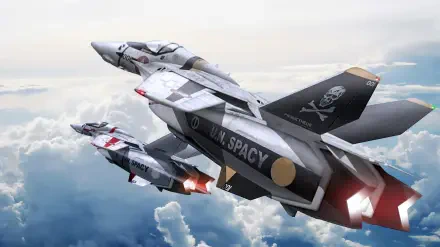 HD PC desktop wallpaper/background: Robotech/Macross VF-1 fighters with UN SPACY markings and skull emblem flying above clouds, dynamic sky.