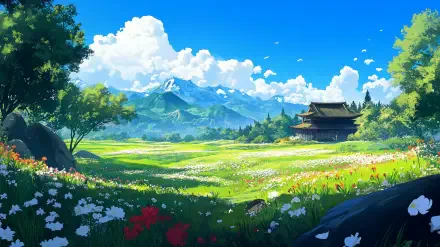 HD PC desktop anime wallpaper of a sunlit summer field of flowers in rural Japan, a traditional wooden house by the meadow, distant mountains under a bright blue sky with fluffy clouds.