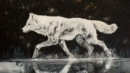 Black-and-white artistic wolf illustration walking across reflective water against a starry sky — HD PC desktop wallpaper background.