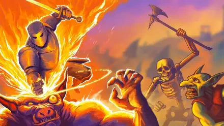 HD PC desktop wallpaper and background for the video game Megabonk RPG: flaming armored knight cleaves a demon as a skeleton and goblin charge beneath a blazing sky.