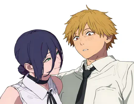 4K Ultra HD PC anime desktop wallpaper of Chainsaw Man characters Reze and Denji: Reze leans close with a coy smile as Denji looks surprised, both in school clothes on a white background.
