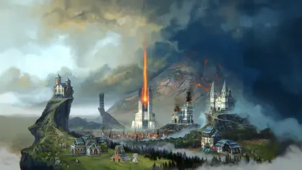 Against the Storm — 4K Ultra HD PC desktop wallpaper and background: a fortified fantasy city beneath roiling storm clouds, a fiery beam striking a central tower amid distant mountains.