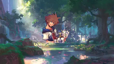 HD PC desktop wallpaper: Sora from the video game Kingdom Hearts stands by a sunlit forest pool, Keyblade in hand, whimsical characters reflected in the water.