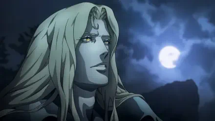 HD PC desktop wallpaper: Alucard (Castlevania) anime portrait — pale, long-haired vampire with golden eyes gazing under a full moon and stormy night sky.