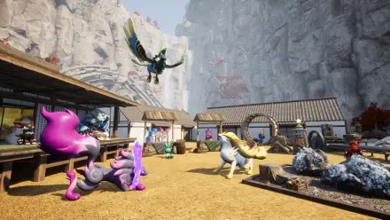 HD PC desktop wallpaper/background from the video game Palworld: colorful creature companions in a village market plaza beneath towering canyon cliffs.