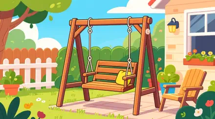 Colorful cartoon patio swing in a sunny backyard with house, picket fence and flowers — 4K Ultra HD PC desktop wallpaper and background.