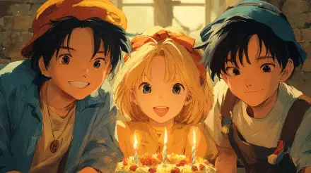4K Ultra HD PC desktop wallpaper of three smiling anime friends gathered around a lit birthday cake, warm candlelight and soft window light casting a cozy celebratory glow.