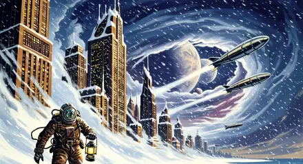 Blizzard-swept futuristic city under a swirling vortex; astronaut with lantern trudges through snow, spacecraft streak by — 4K Ultra HD PC desktop wallpaper and background