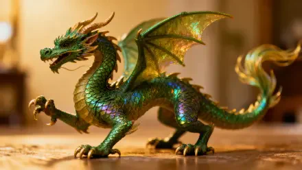 Shimmering green dragon with iridescent scales and spread wings on a wooden surface, warm bokeh backdrop — 4K Ultra HD PC desktop wallpaper and background.