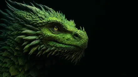 4K Ultra HD PC desktop wallpaper: close-up profile of a detailed green fantasy dragon against a dark background.