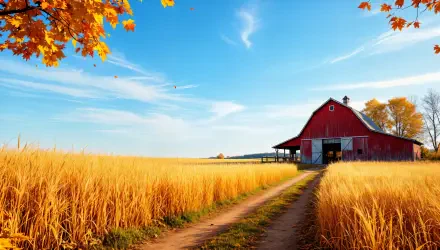 4K Ultra HD PC desktop wallpaper and background: autumn farm — red barn beside golden fall fields and a dirt road under a bright blue sky.