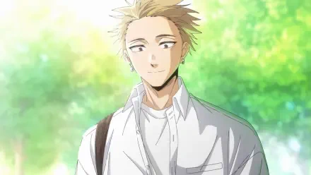 HD PC desktop wallpaper of Rintarou Tsumugi from The Fragrant Flower Blooms With Dignity — young man in a white shirt smiling against a sunlit green bokeh background.