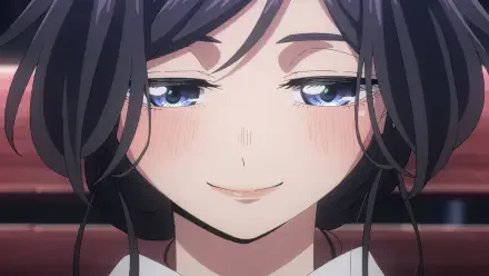 Close-up anime HD desktop wallpaper of Kaoruko Waguri from The Fragrant Flower Blooms With Dignity, soft smile, flushed cheeks and dark hair framing her face.