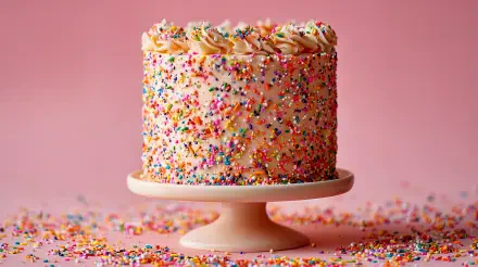 4K Ultra HD PC desktop wallpaper: tall pink-frosted cake covered in rainbow sprinkles on a pedestal — food dessert cake background.