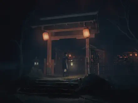 Silent Hill F video game HD PC desktop wallpaper/background: fog-shrouded torii gate lit by lanterns, a lone figure approaching through an eerie nighttime scene.