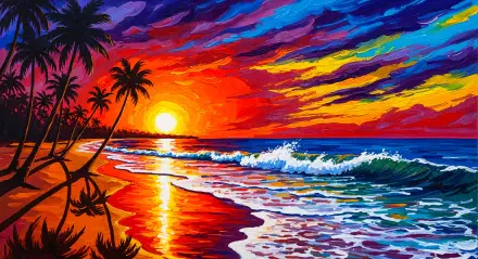 Vibrant painted beach sunset with palm silhouettes, crashing waves and a kaleidoscopic sky — 4K Ultra HD PC desktop wallpaper and background.
