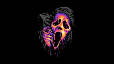 8K Ultra HD PC wallpaper of Ghostface from the Scream movie: neon drip paint on the classic black mask, vibrant purple, orange and pink melting against a black background.
