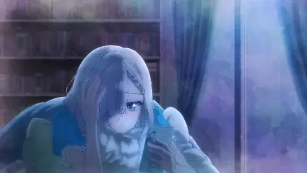 HD anime PC wallpaper of Mashiro Tsukinomori from My Friend's Little Sister Has It In for Me! — pale blue‑haired girl clutching a carved mask in a dim library, bathed in cool blue mist.