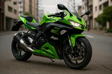 Green Kawasaki Ninja sportbike on an empty city street, captured in crisp detail — 4K Ultra HD PC desktop wallpaper background.